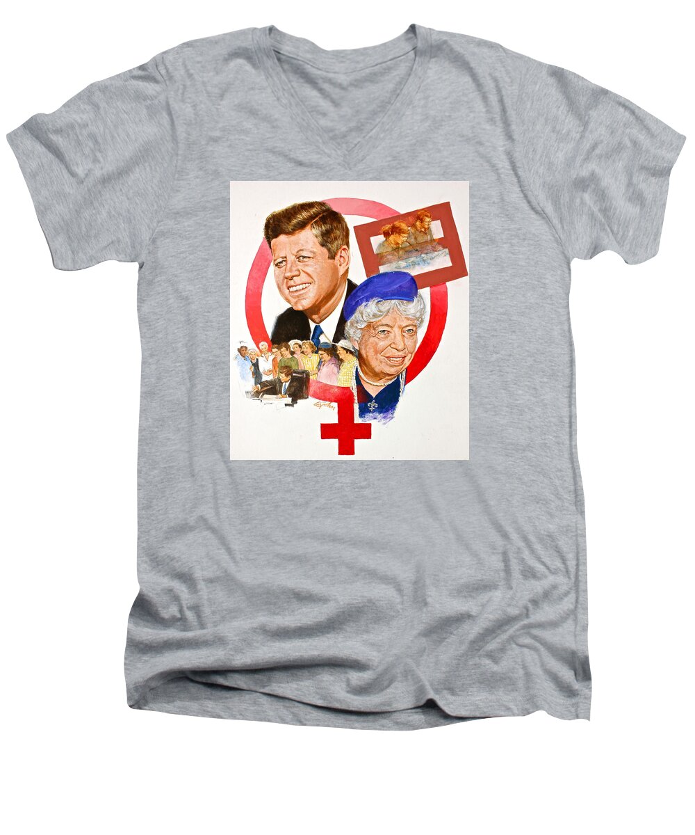 Painted Portrait Men's V-Neck T-Shirt featuring the painting JFK And Elenore Roosevelt by Cliff Spohn