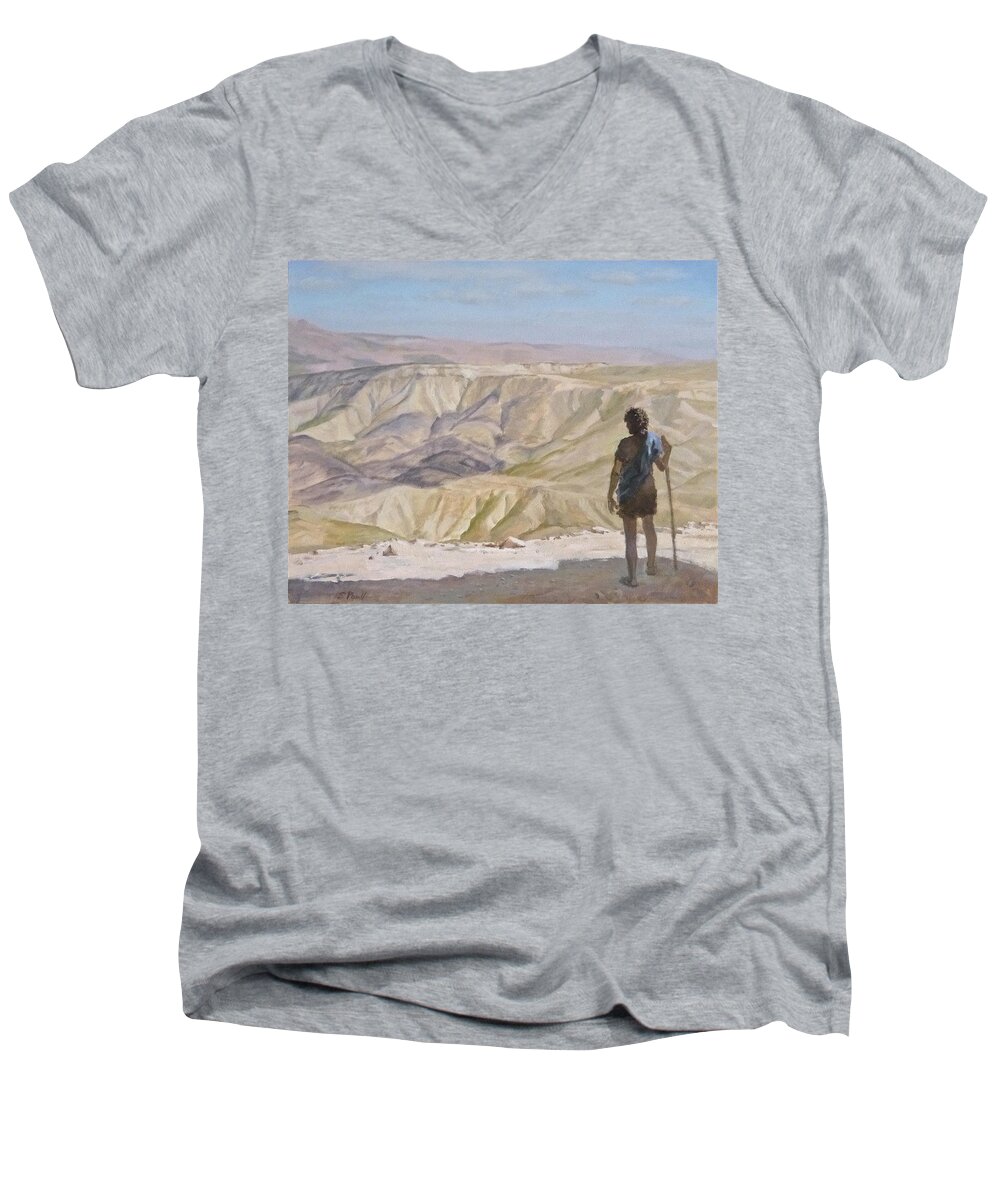 John The Baptist Men's V-Neck T-Shirt featuring the painting John the Baptist in the Desert by Ellen Paull