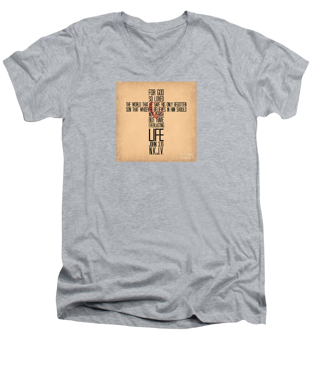 Typographic Art Men's V-Neck T-Shirt featuring the mixed media John Three Sixteen The Cross by Eric Liller