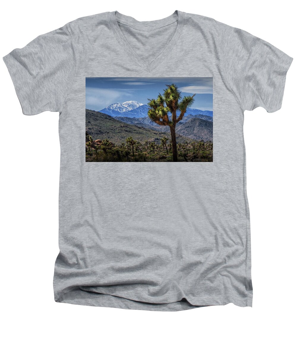California Men's V-Neck T-Shirt featuring the photograph Joshua Tree in Joshua Park National Park with the Little San Bernardino Mountains in The Background by Randall Nyhof