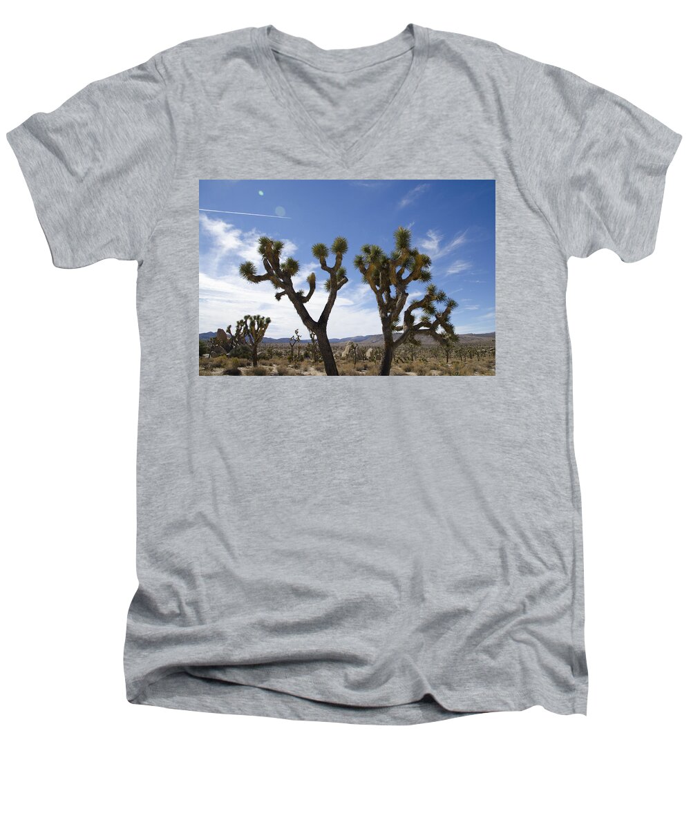 Joshua Tree Men's V-Neck T-Shirt featuring the photograph Joshua Tree With jetstream by Erik Burg