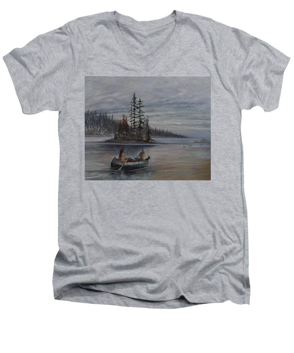 First Nation Men's V-Neck T-Shirt featuring the painting Journey - LMJ by Ruth Kamenev