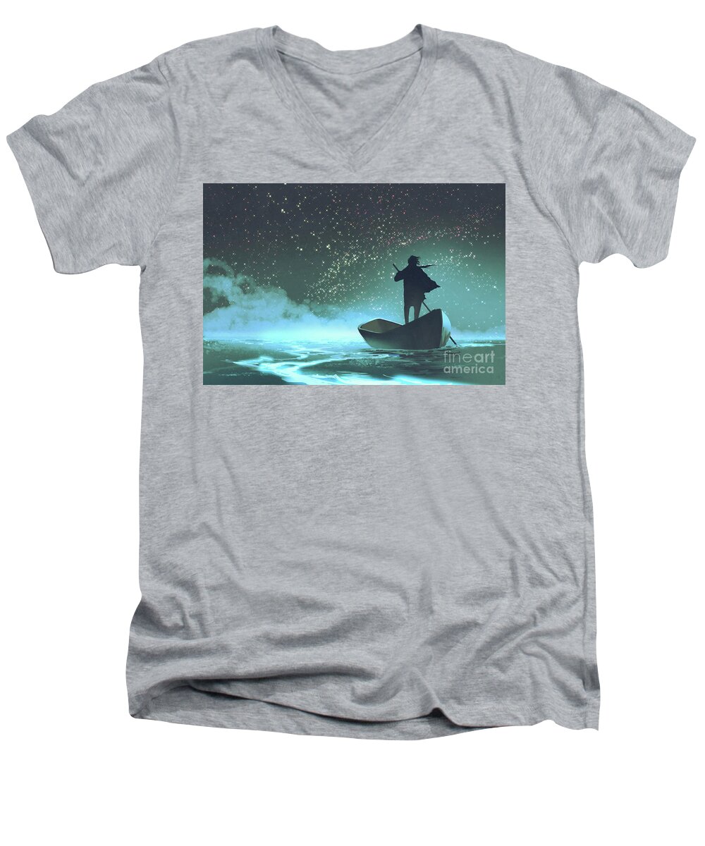 Acrylic Men's V-Neck T-Shirt featuring the painting Journey to the New World by Tithi Luadthong