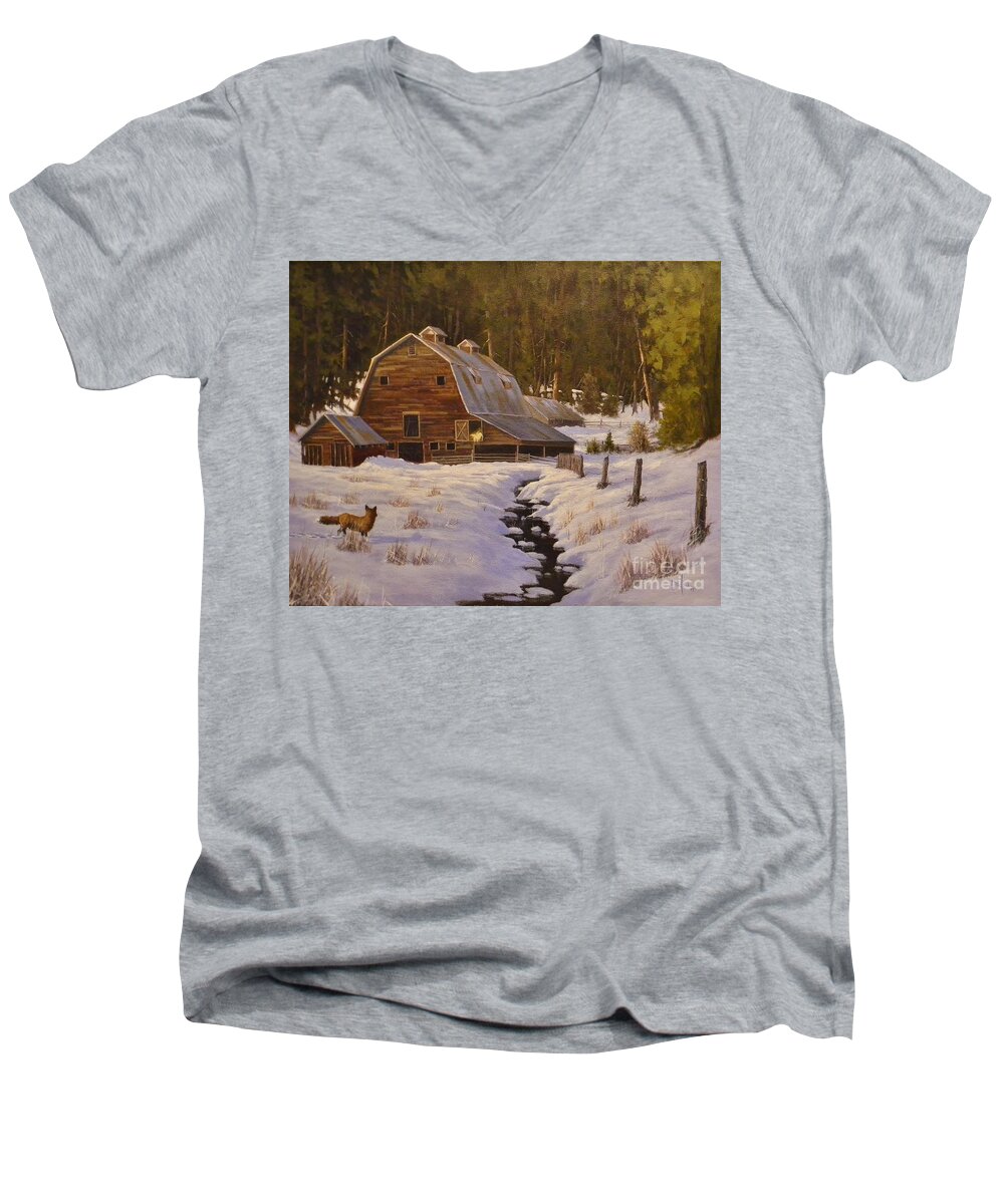 Barn Men's V-Neck T-Shirt featuring the painting Just Passing Through by Paul K Hill