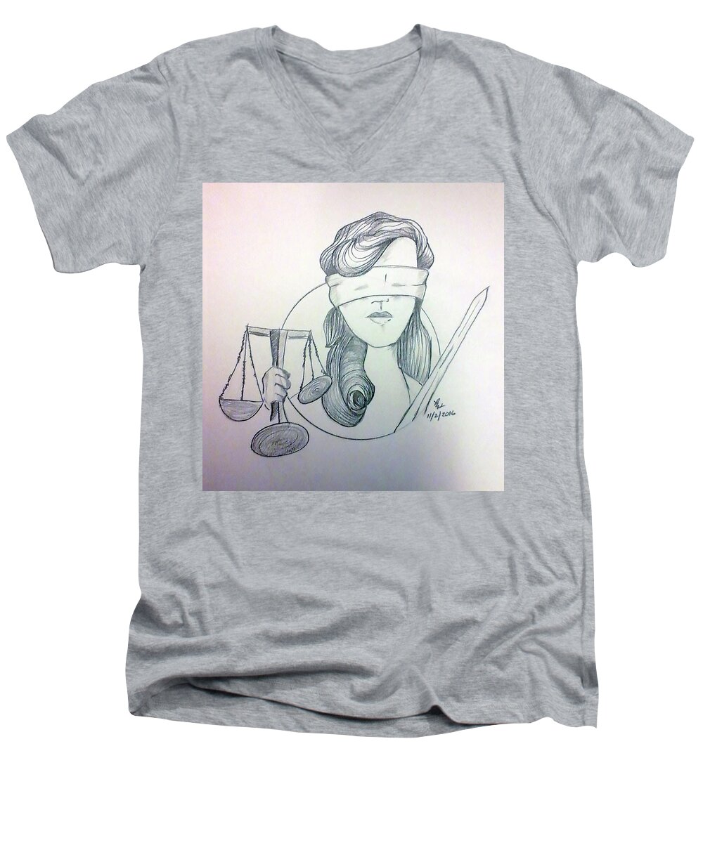 Art Men's V-Neck T-Shirt featuring the painting Justice by Loretta Nash