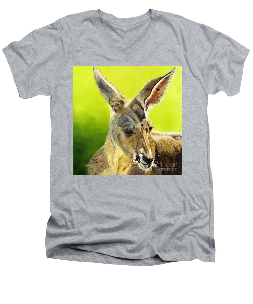 Macropus Men's V-Neck T-Shirt featuring the painting Kangeroo by Marilyn McNish