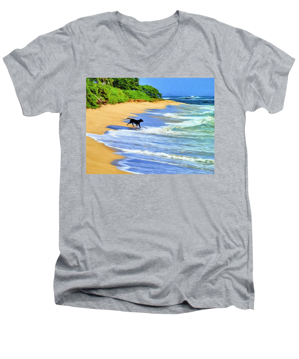 Hawaii Men's V-Neck T-Shirt featuring the painting Kauai Water Dog by Dominic Piperata
