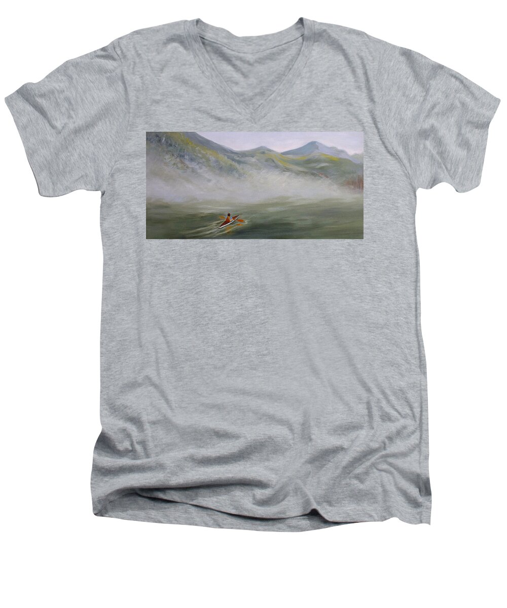 Landscape Men's V-Neck T-Shirt featuring the painting Kayaking Through the Fog by Jo Smoley