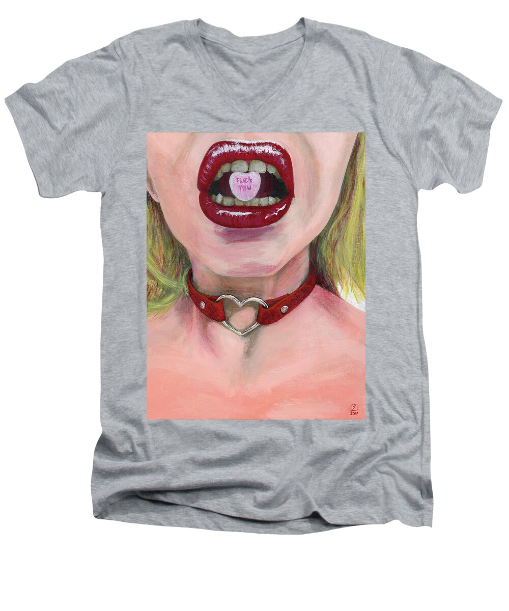 Blonde Men's V-Neck T-Shirt featuring the painting Kiss Me by Matthew Mezo