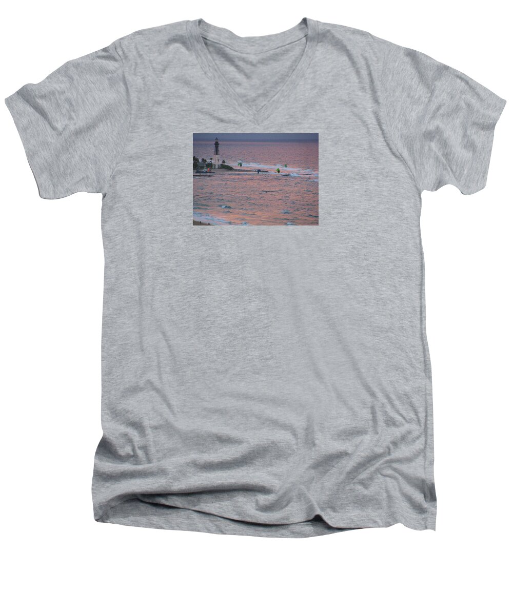 Lighthouse Men's V-Neck T-Shirt featuring the photograph Kiteboarding at Hillsboro by Corinne Carroll
