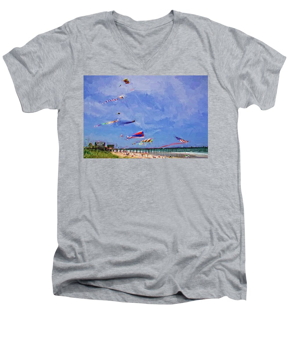 Alicegipsonphotographs Men's V-Neck T-Shirt featuring the photograph Kites At The Flagler Beach Pier by Alice Gipson