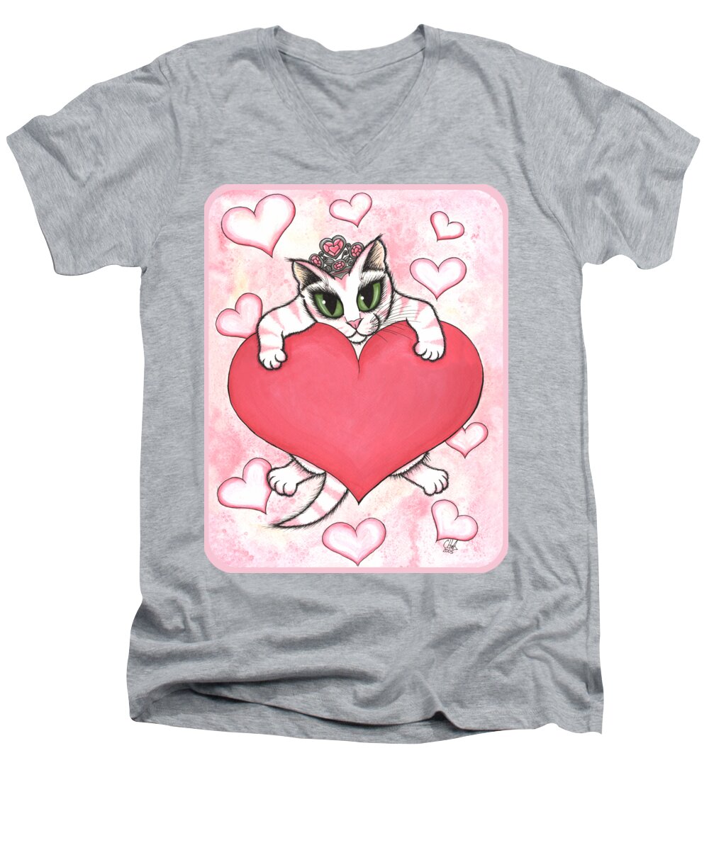 Princess Men's V-Neck T-Shirt featuring the painting Kitten With Heart by Carrie Hawks