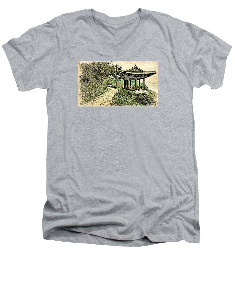 Asia Men's V-Neck T-Shirt featuring the digital art Korean Architecture by Cameron Wood