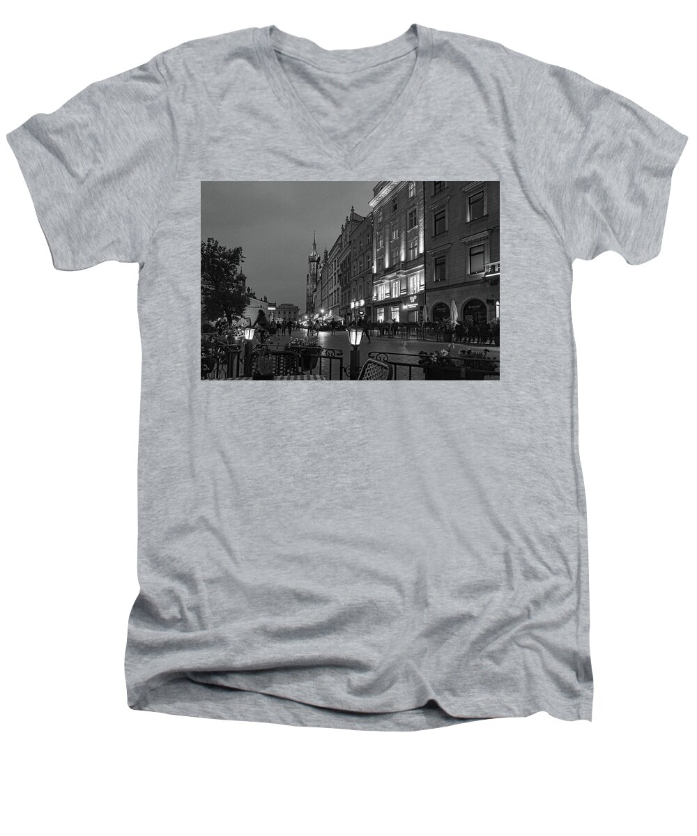 Central Europe Men's V-Neck T-Shirt featuring the photograph Krakow Nights Black and White by Sharon Popek