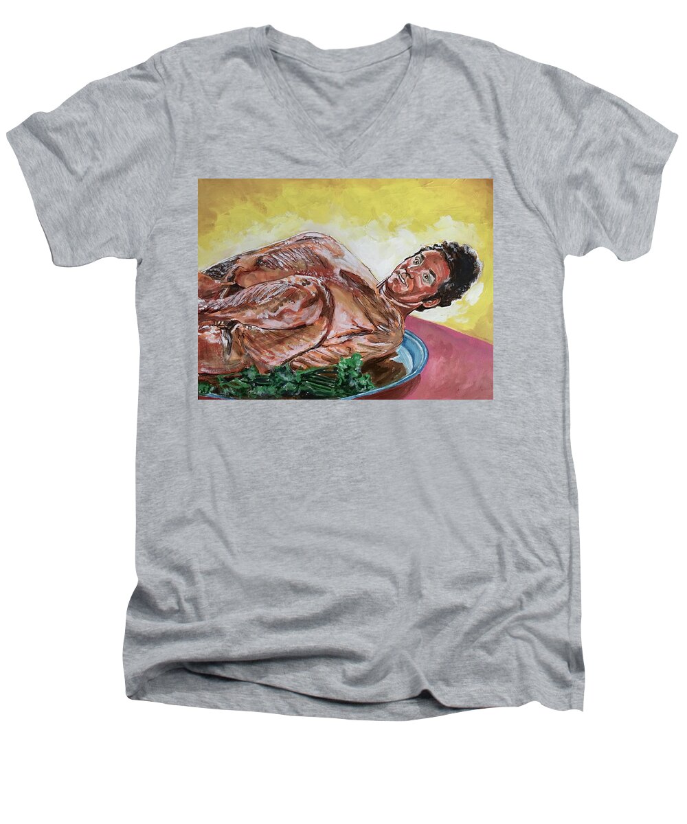 Seinfeld Men's V-Neck T-Shirt featuring the painting Kramer Turkey by Joel Tesch