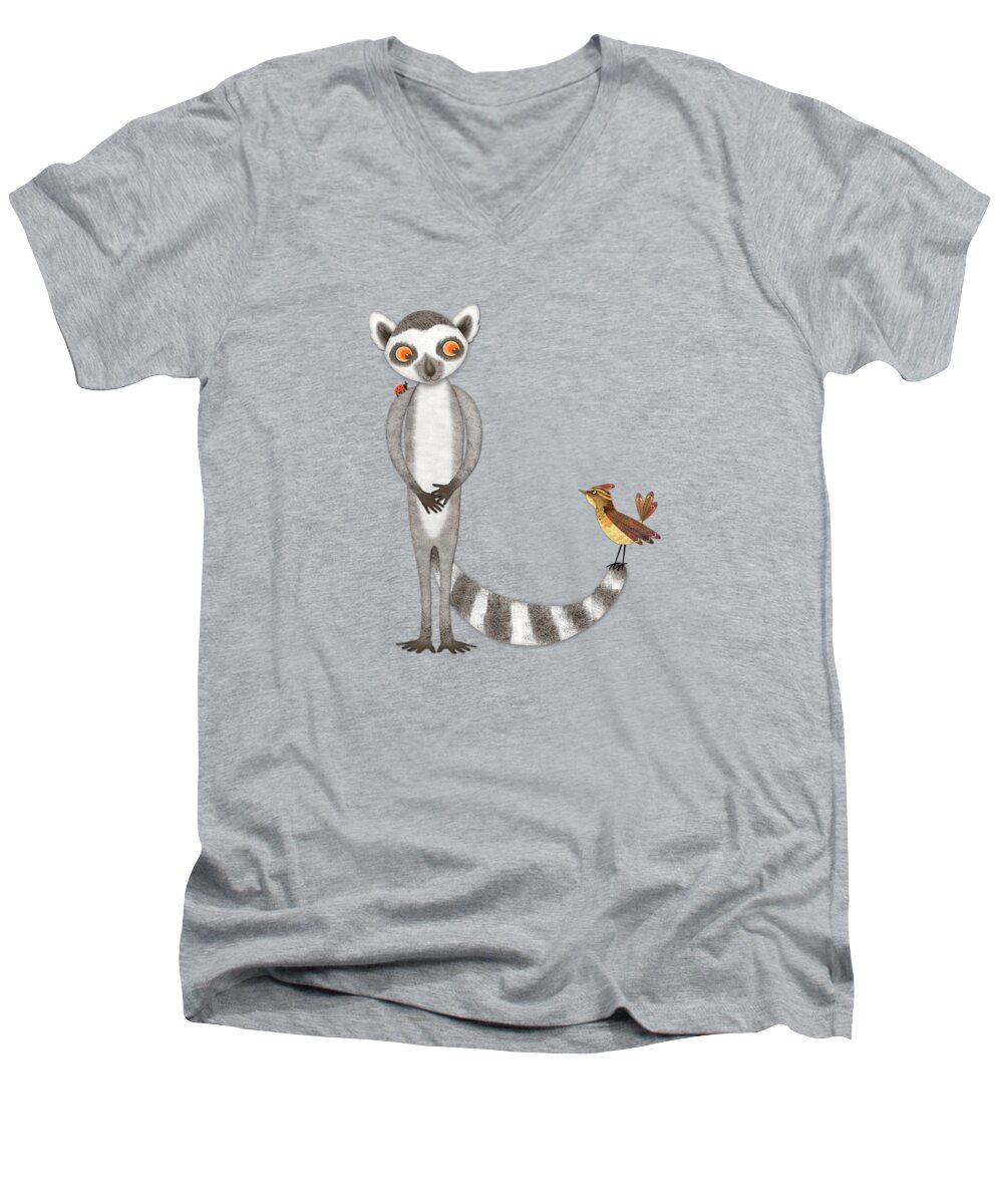 Lemur Men's V-Neck T-Shirt featuring the digital art L is for Lemur and Lark by Valerie Drake Lesiak