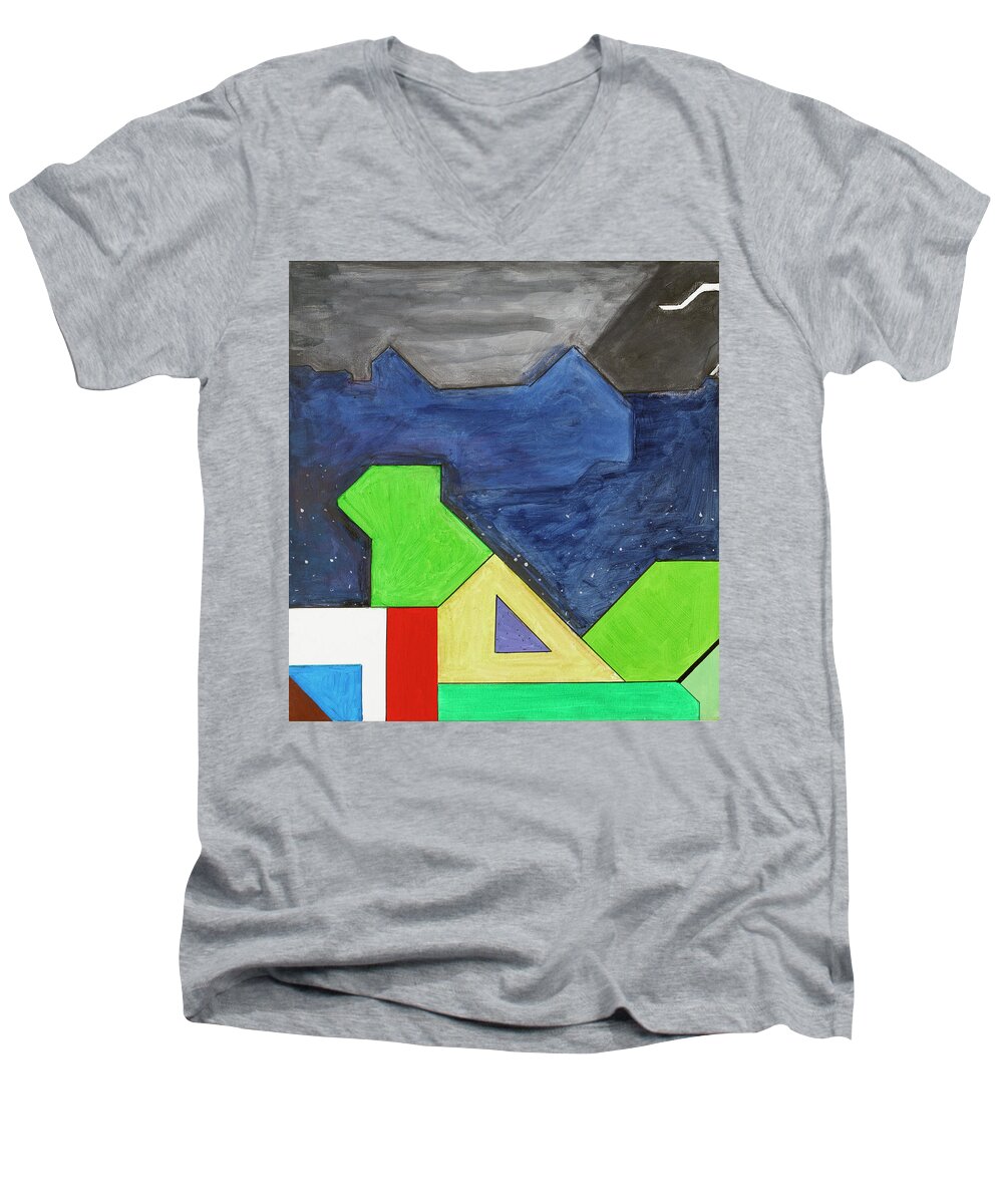 Abstract Men's V-Neck T-Shirt featuring the painting La notte sopra la citta verde - Part IV by Willy Wiedmann