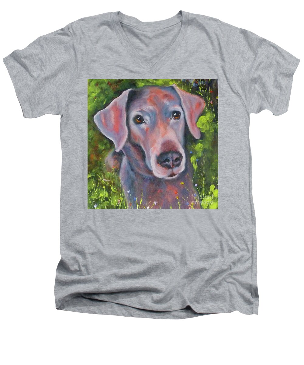 Lab Men's V-Neck T-Shirt featuring the painting Lab in the Grass by Susan A Becker