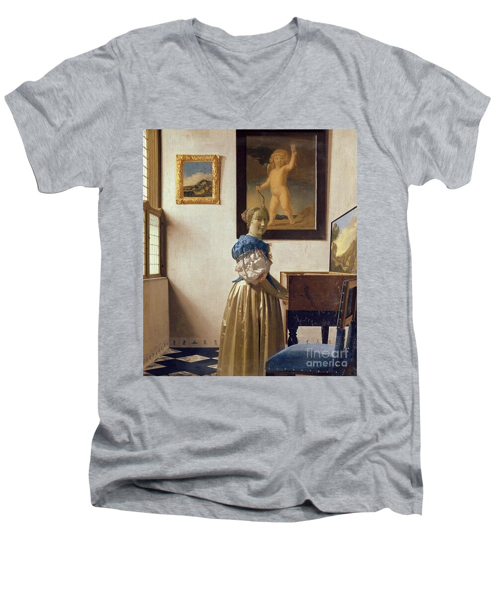 Lady Men's V-Neck T-Shirt featuring the painting Lady standing at the Virginal by Vermeer by Jan Vermeer
