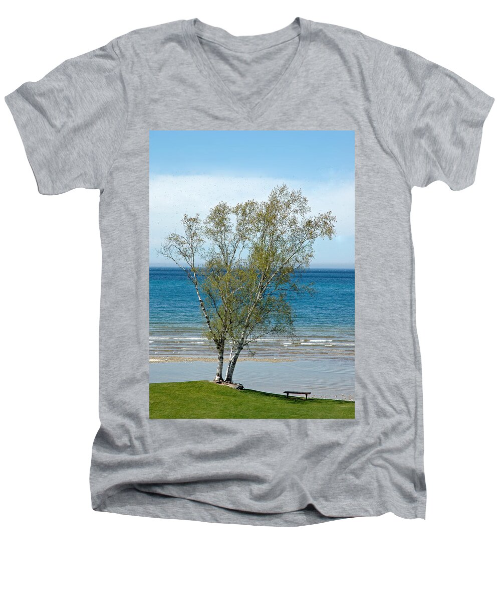 Usa Men's V-Neck T-Shirt featuring the photograph Lake Michigan Birch Tree by LeeAnn McLaneGoetz McLaneGoetzStudioLLCcom
