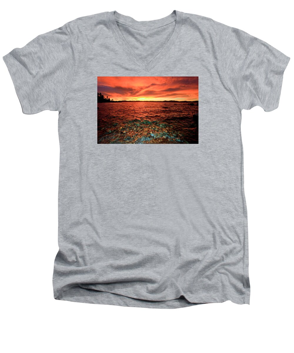 Lake Tahoe Men's V-Neck T-Shirt featuring the photograph Lake Tahoe...Blood Moon Sunset by Sean Sarsfield