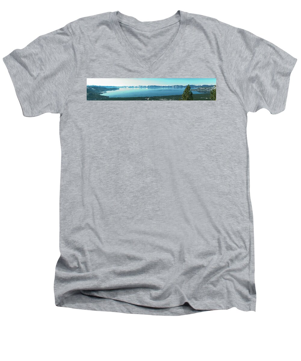 Lake Tahoe Panorama Men's V-Neck T-Shirt featuring the photograph LakeTahoe Panorama by L J Oakes
