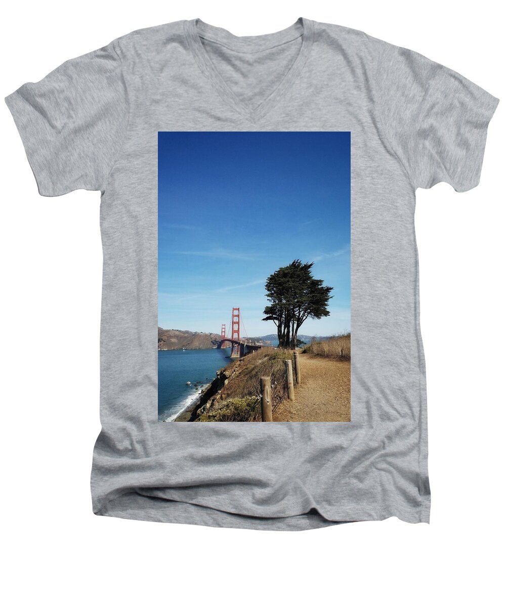 California Men's V-Neck T-Shirt featuring the photograph Landscape with Golden Gate Bridge by Mary Capriole