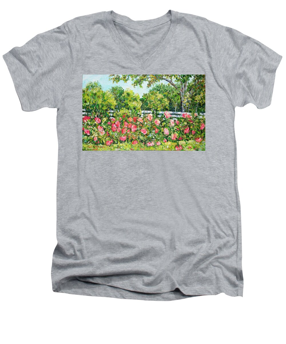 Landscape Men's V-Neck T-Shirt featuring the painting Landscape with Roses Fence by Ingrid Dohm