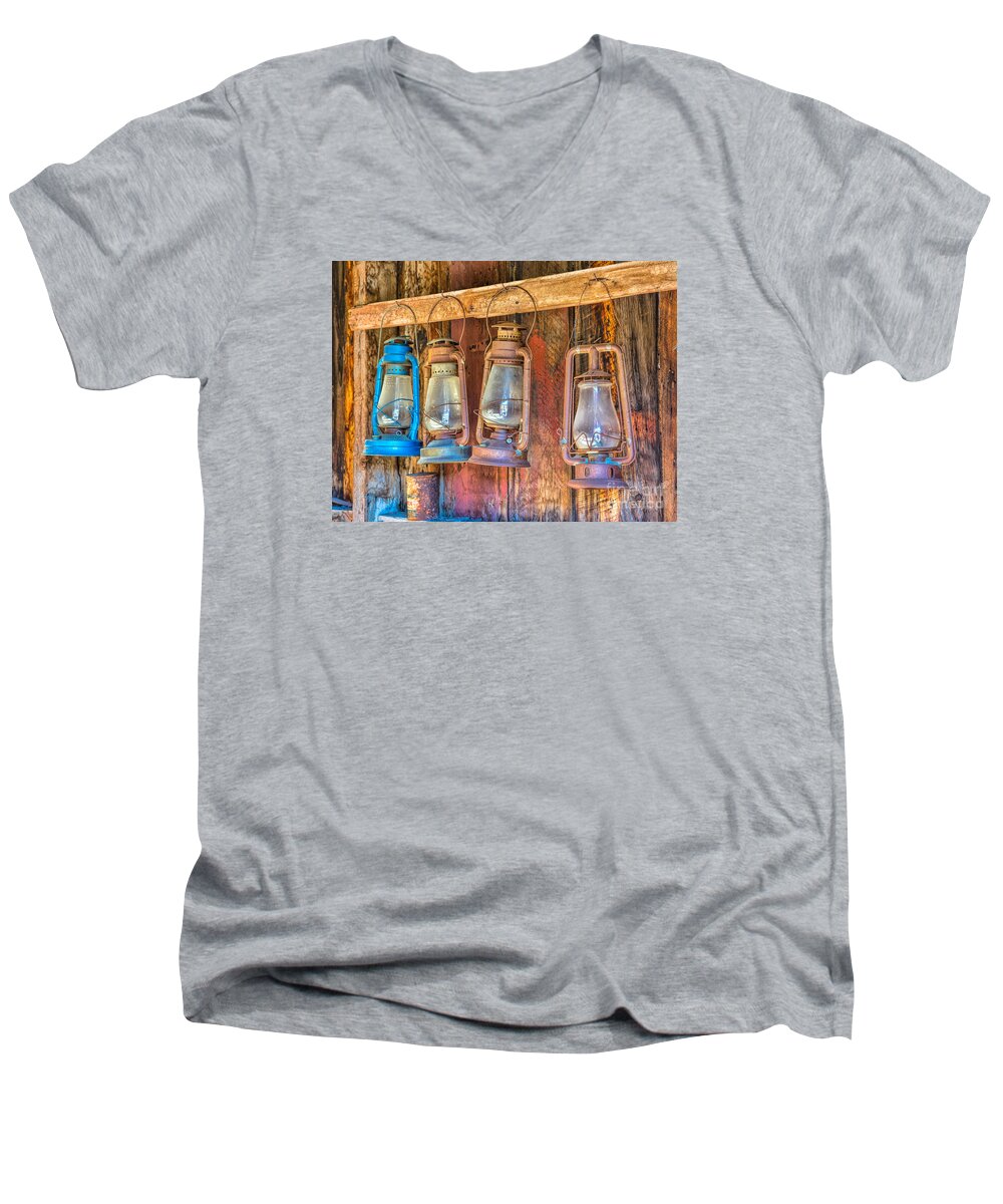 Bodie Men's V-Neck T-Shirt featuring the photograph Lanterns In The Bodie Firehouse by Mimi Ditchie