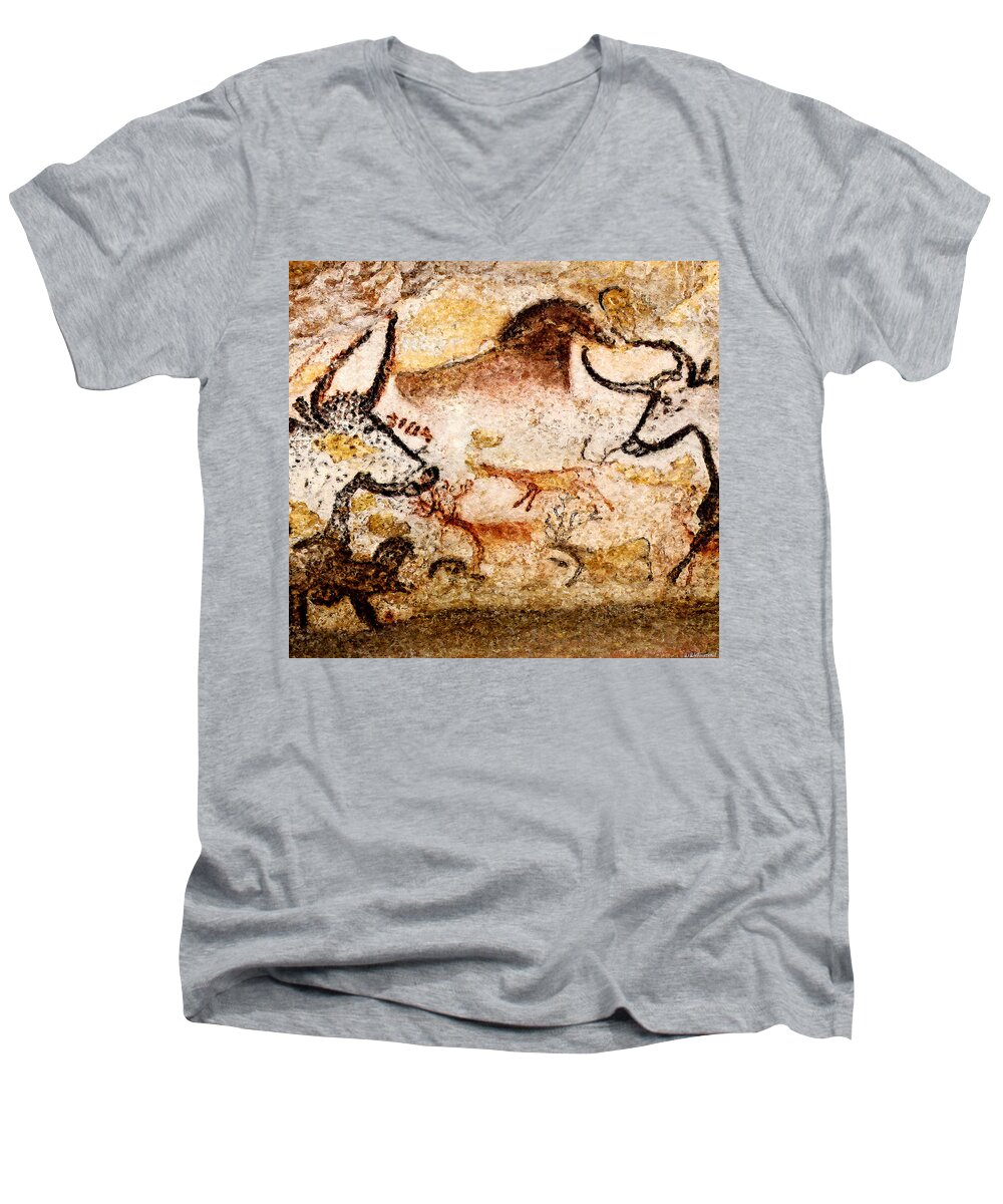 Lascaux Men's V-Neck T-Shirt featuring the digital art Lascaux Hall of the Bulls - Deer between Aurochs by Weston Westmoreland