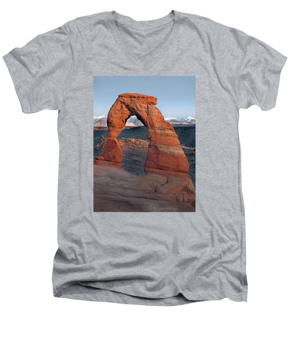 Delicate Arch Men's V-Neck T-Shirt featuring the photograph Last Light on Delicate Arch by JustJeffAz Photography