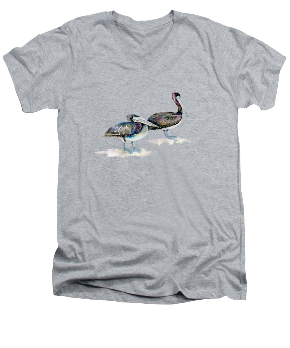 Brown Pelican Men's V-Neck T-Shirt featuring the painting Laurel and Hardy, Brown Pelicans by Amy Kirkpatrick