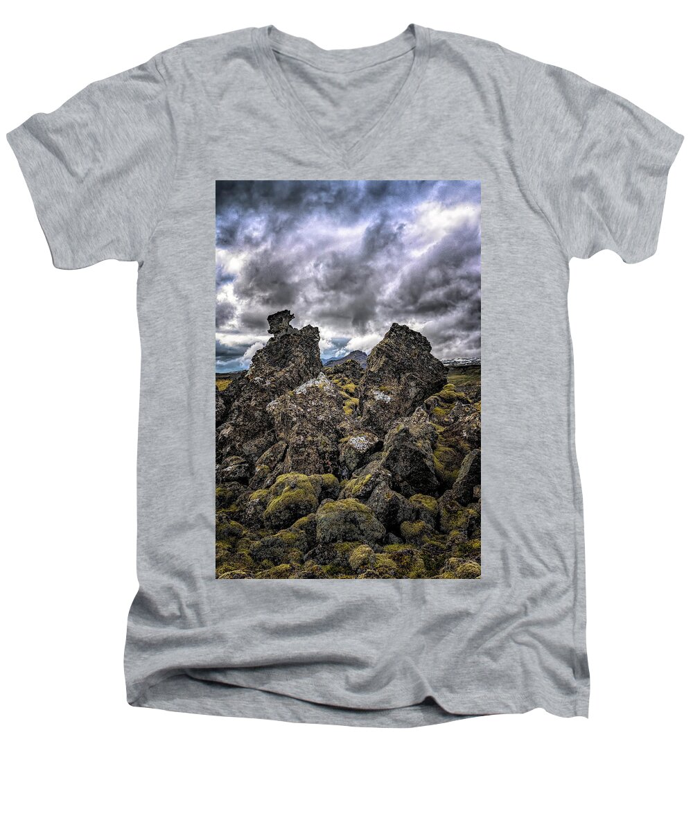 Iceland Men's V-Neck T-Shirt featuring the photograph Lava Rock And Clouds by Tom Singleton