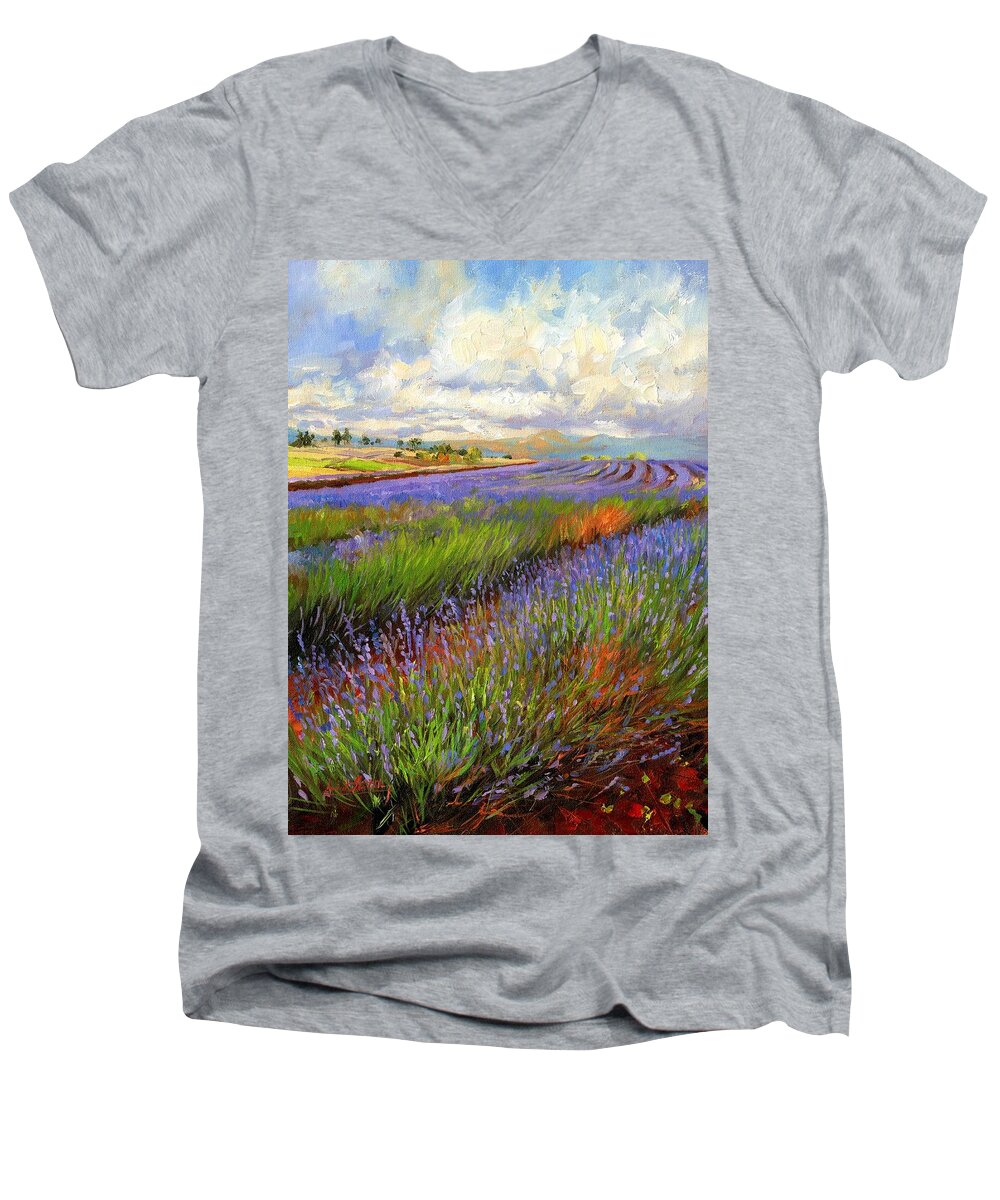 Lavender Men's V-Neck T-Shirt featuring the painting Lavender Field by David Stribbling