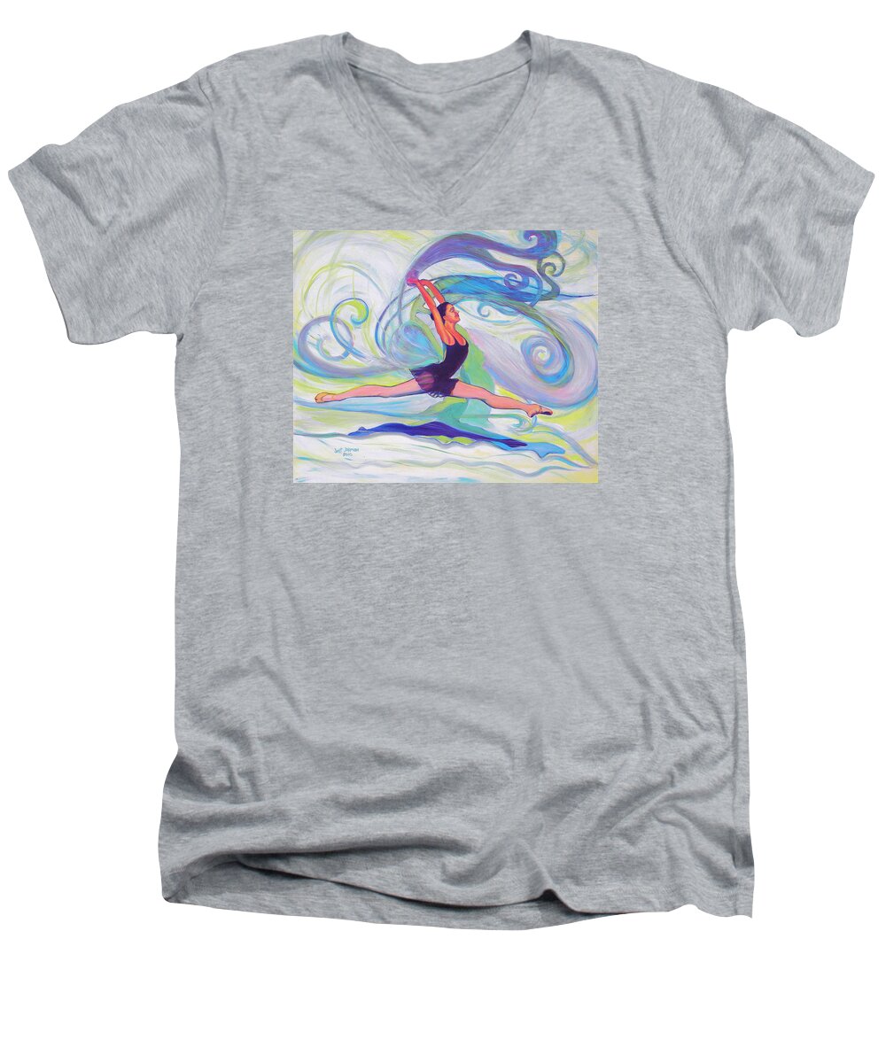 Ballerina Men's V-Neck T-Shirt featuring the painting Leap of Joy by Jeanette Jarmon