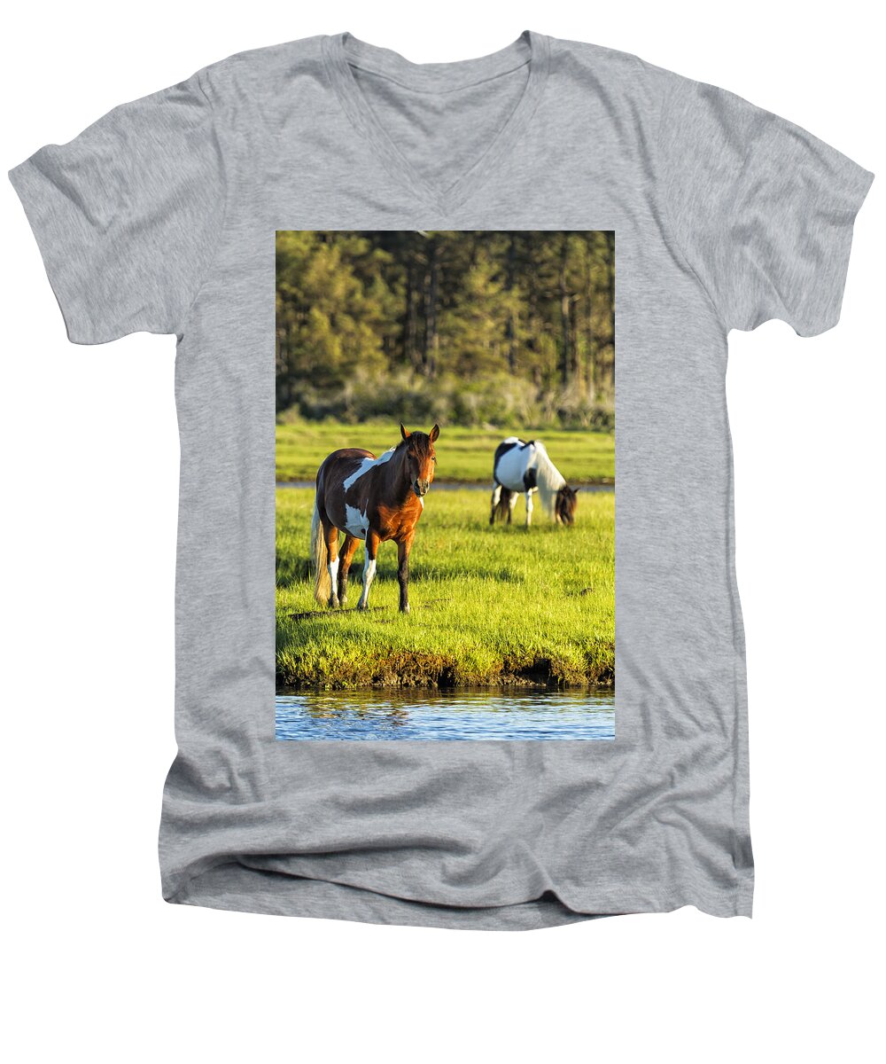 Horse Men's V-Neck T-Shirt featuring the photograph Leaving the Chincoteague Ponies by Belinda Greb