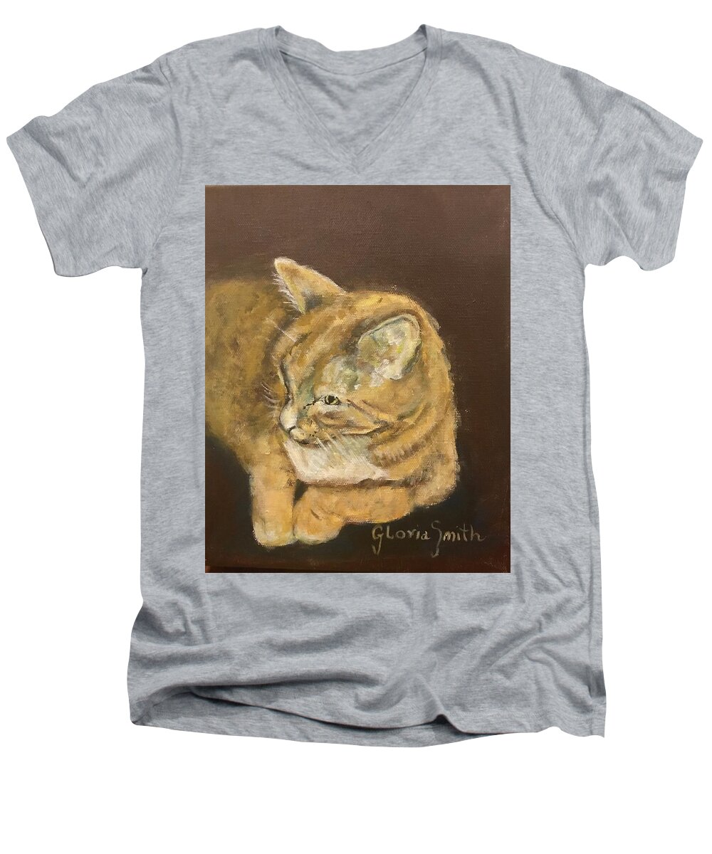 Cat Men's V-Neck T-Shirt featuring the painting Leo by Gloria Smith