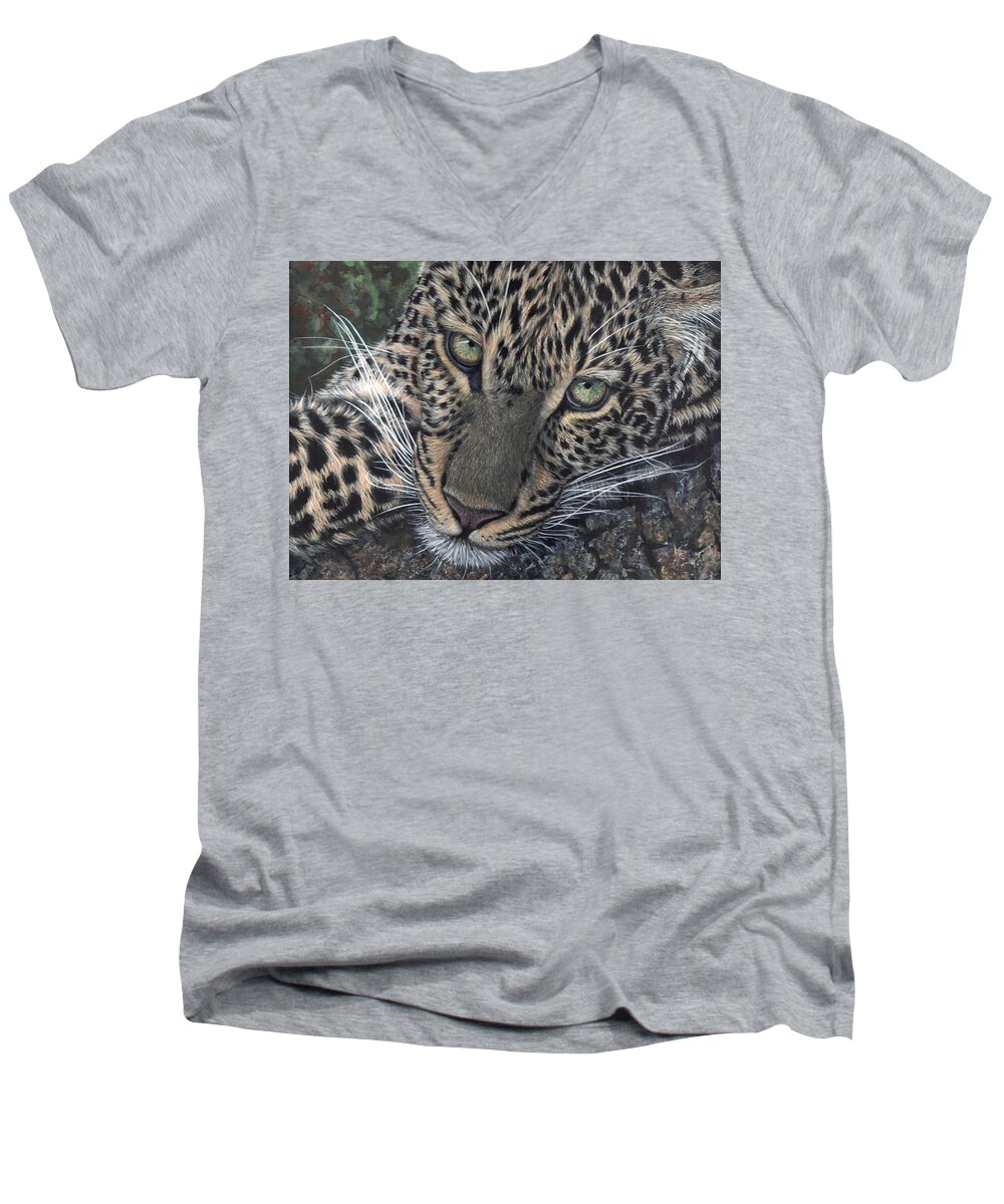 Leopard Men's V-Neck T-Shirt featuring the painting Leopard Portrait by John Neeve