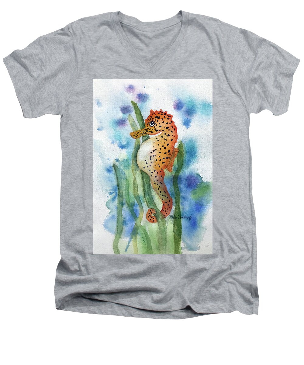 Seahorse Men's V-Neck T-Shirt featuring the painting Leopard Seahorse by Hilda Vandergriff