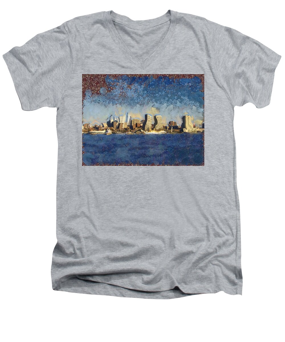 Building Men's V-Neck T-Shirt featuring the mixed media Less Wacky Philly Skyline by Trish Tritz