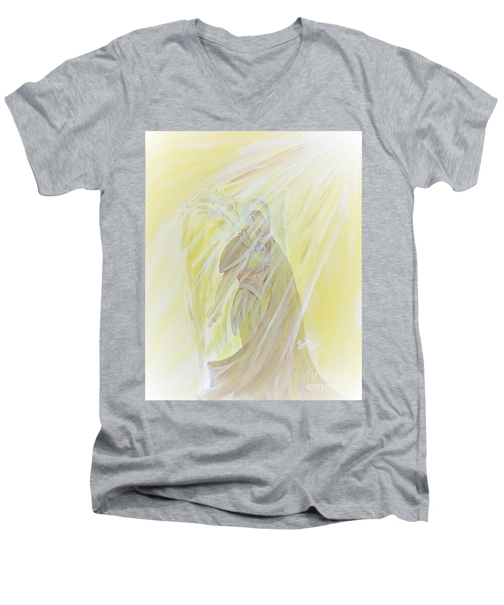 Archangel Uriel Men's V-Neck T-Shirt featuring the painting Light of God Surround Us by Lora Tout