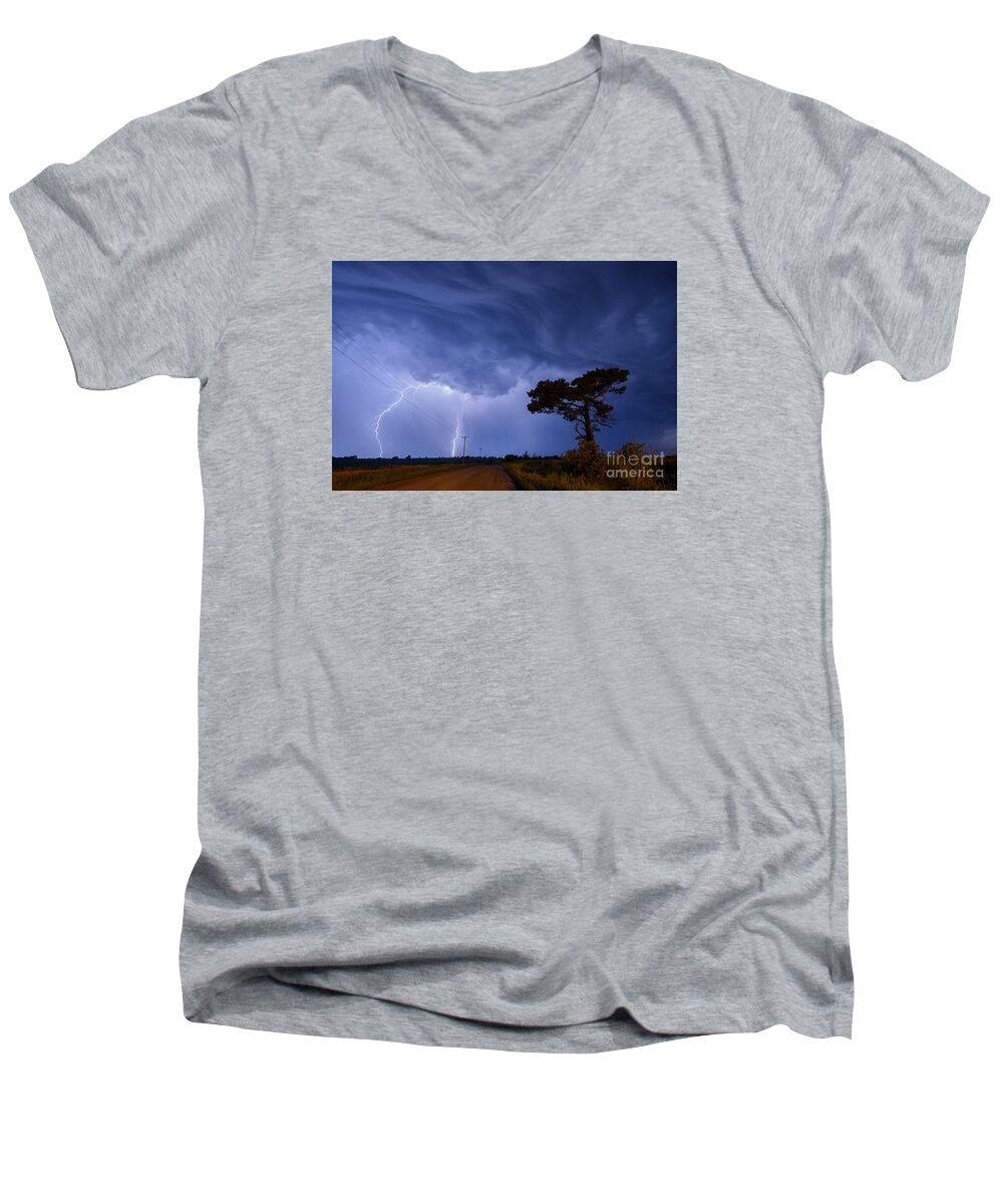 Lightning Men's V-Neck T-Shirt featuring the photograph Lightning Storm on a Lonely Country Road by Art Whitton