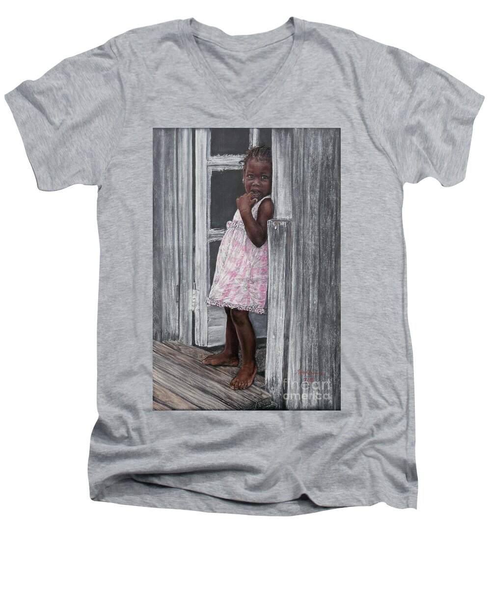 Lil' Girl In Pink Men's V-Neck T-Shirt featuring the painting Lil' Girl in Pink by Roshanne Minnis-Eyma