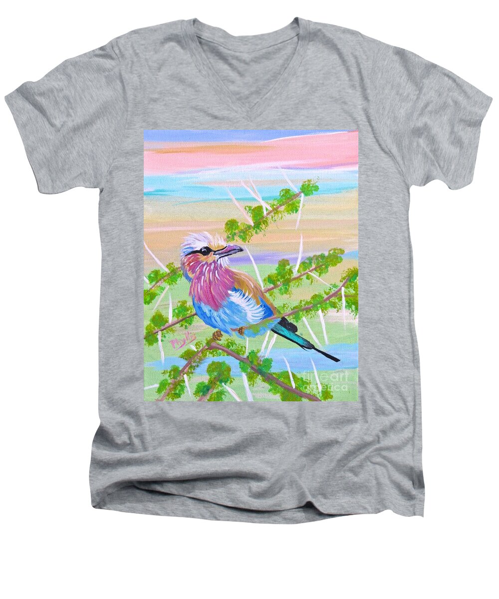 Lilac Breasted Roller Men's V-Neck T-Shirt featuring the painting Lilac Breasted Roller in Thorn Tree by Phyllis Kaltenbach