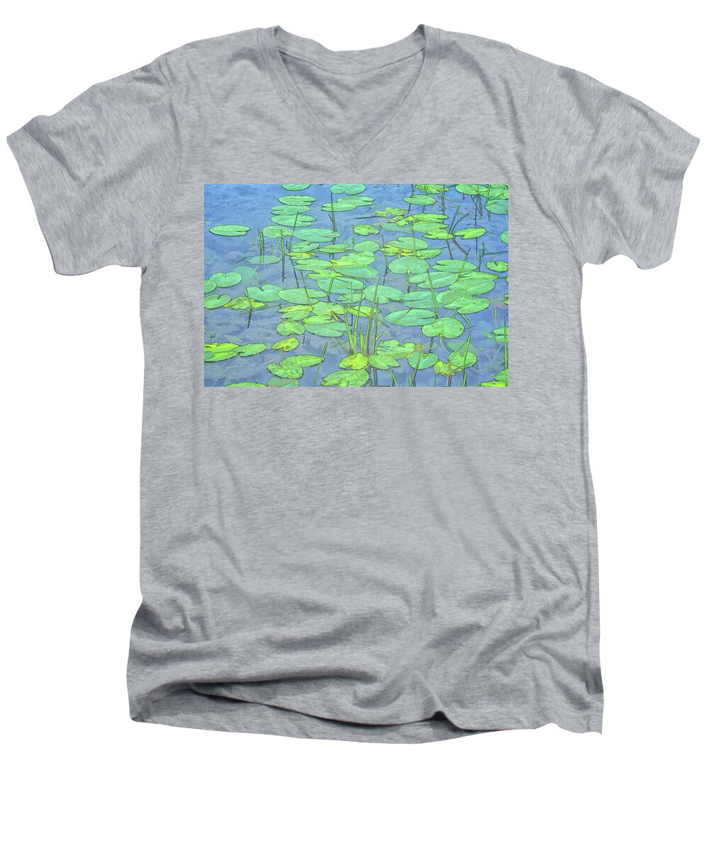 Lily Pads Men's V-Neck T-Shirt featuring the photograph Lily Pads -Coloring Book Effect by Constantine Gregory