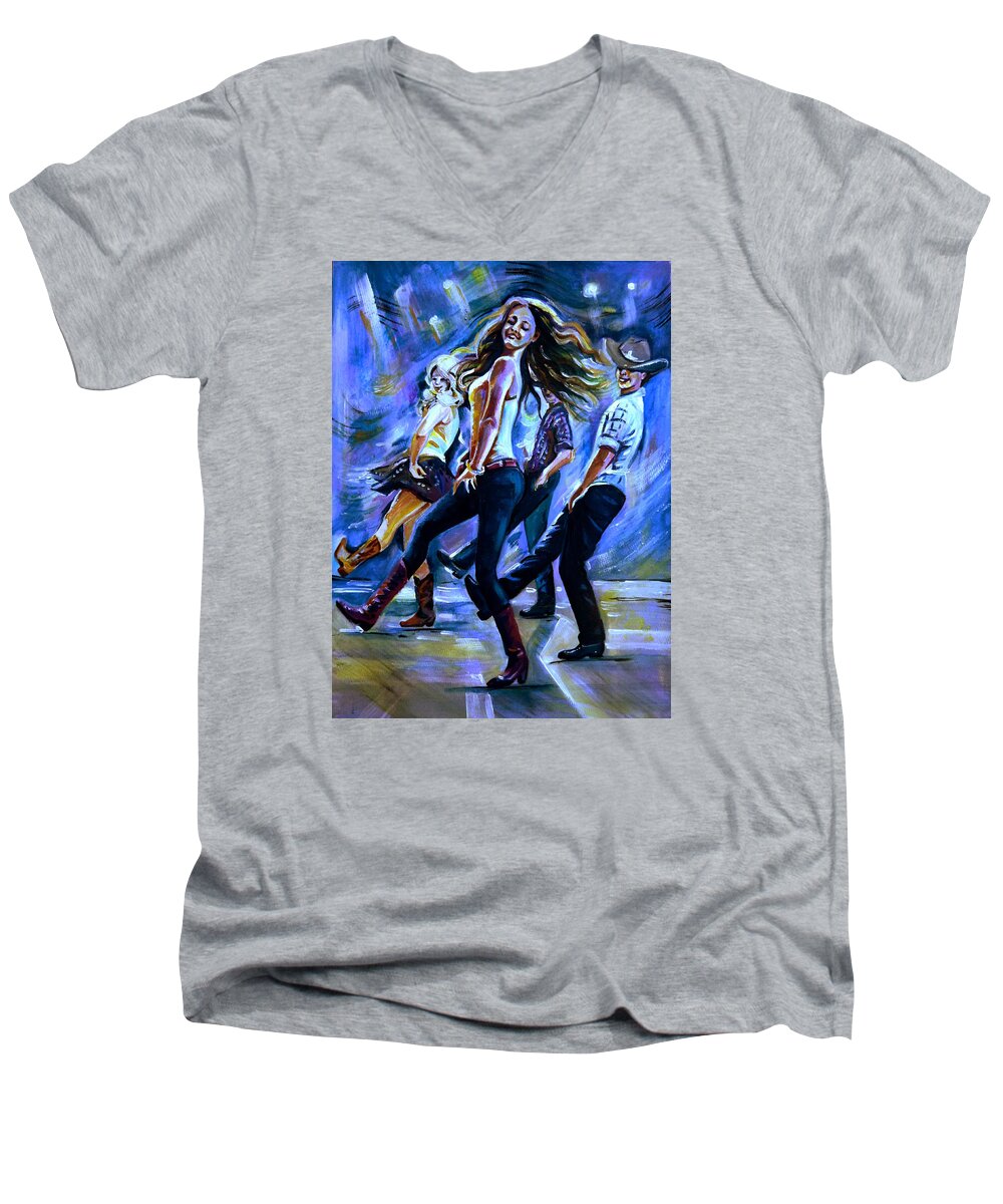 Western Art Men's V-Neck T-Shirt featuring the painting Line dancing Fun by Anna Duyunova