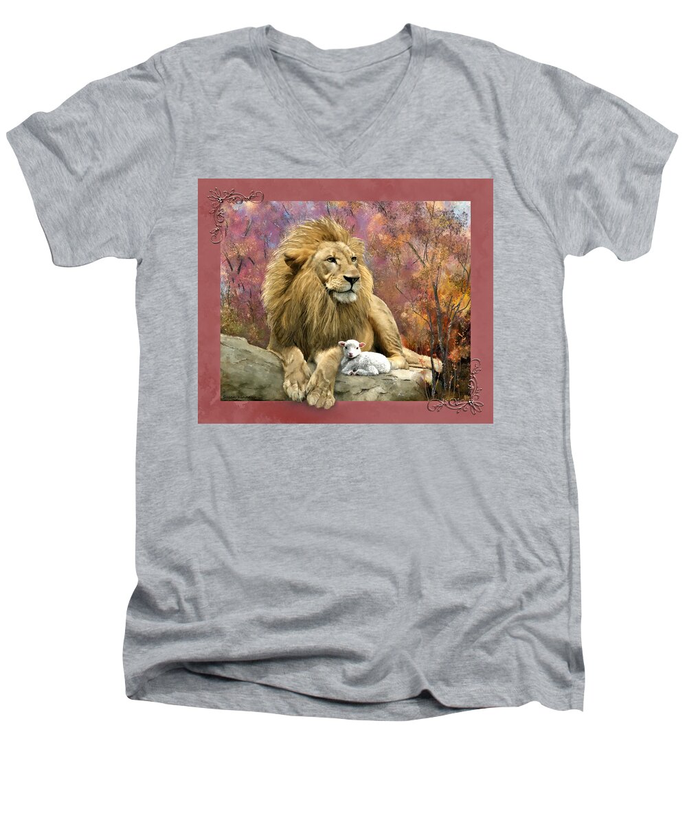 Lion Men's V-Neck T-Shirt featuring the digital art Lion and the Lamb by Susan Kinney