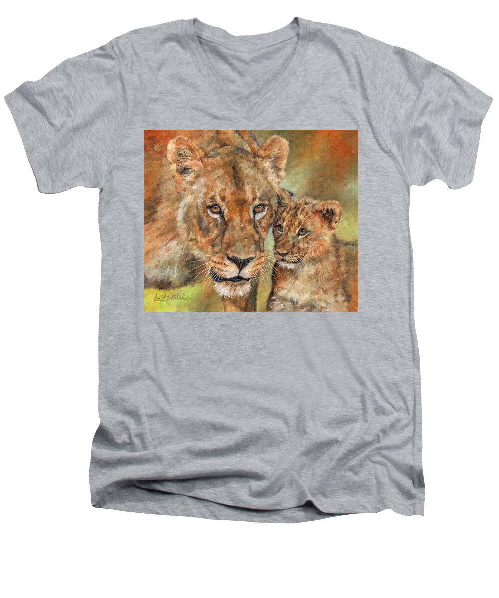 Lion Men's V-Neck T-Shirt featuring the painting Lioness and Cub by David Stribbling