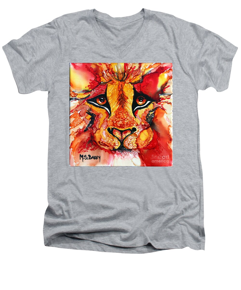 Lion Men's V-Neck T-Shirt featuring the painting Lion's Head Red by Maria Barry