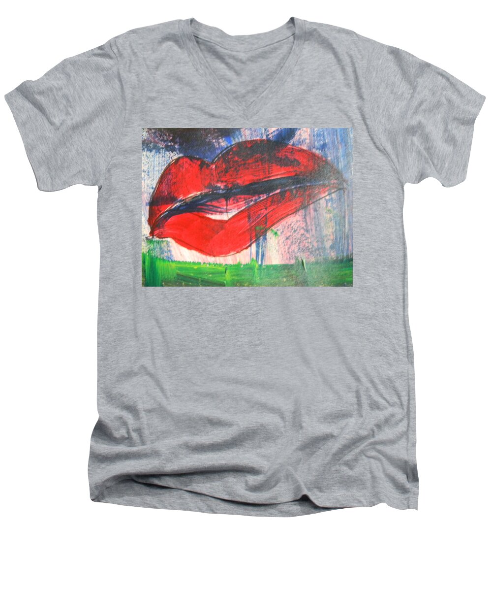 Lips Men's V-Neck T-Shirt featuring the painting Lipstick - SOLD by Marwan George Khoury